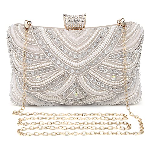 UBORSE Women Evening Clutch Bags Vintage Wedding Purse Beaded Bags Cocktail Party Bridal Prom Handbag for Women（Apricot）