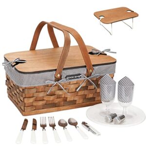 woodchip picnic basket for 2 with portable wine table, woven basket with double swing handles & removable cutlery service kit, large basket for picnic, camping, family, wedding gifts for couple,grey