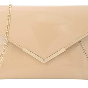 Dexmay Women Envelope Clutch Handbag Patent Leather Pouch Foldover Dress Purse Nude