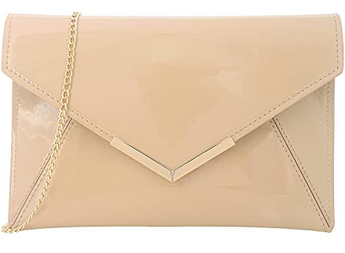 Dexmay Women Envelope Clutch Handbag Patent Leather Pouch Foldover Dress Purse Nude