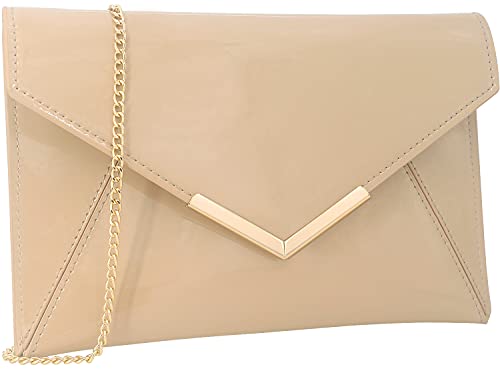 Dexmay Women Envelope Clutch Handbag Patent Leather Pouch Foldover Dress Purse Nude