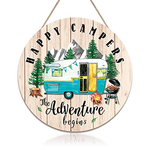 TOARTi Happy Campers Wood Hanging Sign Plaque, Summer Outdoor Adventure Quote Wooden Door Hanger, Round Tent Camping Wall Art for Campers Travel Home Garden Decor (12''x12'')