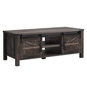 okd 48-inch coffee table wood cocktail table farmhouse modern center rectangular tables, with sliding barn doors and storage cabinets shelves, for living meeting room, dark rustic oak