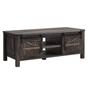 OKD 48-Inch Coffee Table Wood Cocktail Table Farmhouse Modern Center Rectangular Tables, with Sliding Barn Doors and Storage Cabinets Shelves, for Living Meeting Room, Dark Rustic Oak