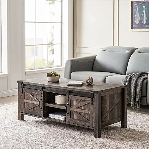 OKD 48-Inch Coffee Table Wood Cocktail Table Farmhouse Modern Center Rectangular Tables, with Sliding Barn Doors and Storage Cabinets Shelves, for Living Meeting Room, Dark Rustic Oak
