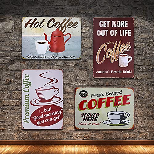 4 PCS Tin Sign Vintage Metal Coffee Plaque Poster Home Wall Decor, TIE-DailyNec Retro Tin Signs Painting Art Decoration for Cafe Restaurant Garage Club Bar, 8 X 12 Inches