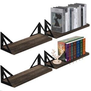 floating wall shelves, wall mounted shelves wood rustic bookshelves hanging decorative wall shelves for living room, bathroom, kitchen, office, small modern and heavy duty with 8 free hooks(set of 4)