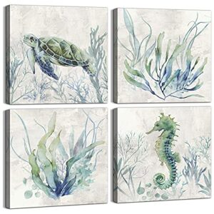 WZSart Ocean Animals Plants Bathroom Decor Canvas Wall Arts Watercolor Sea Turtle Seahorse Seaweed Printed Pictures Artwork Vintage Painting Decoration for Bathroom Living Room Kithcen Ready to Hang 12"x12"x4pcs
