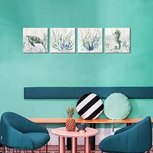 WZSart Ocean Animals Plants Bathroom Decor Canvas Wall Arts Watercolor Sea Turtle Seahorse Seaweed Printed Pictures Artwork Vintage Painting Decoration for Bathroom Living Room Kithcen Ready to Hang 12"x12"x4pcs