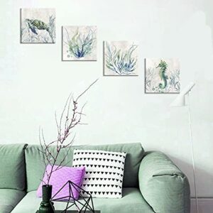 WZSart Ocean Animals Plants Bathroom Decor Canvas Wall Arts Watercolor Sea Turtle Seahorse Seaweed Printed Pictures Artwork Vintage Painting Decoration for Bathroom Living Room Kithcen Ready to Hang 12"x12"x4pcs