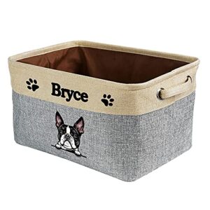 malihong personalized foldable storage basket with cute dog boston terrier collapsible sturdy fabric pet toys storage bin cube with handles for organizing shelf home closet, grey and white