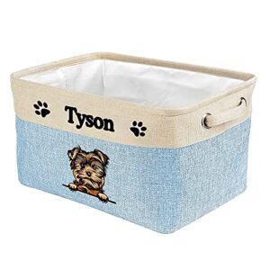 malihong personalized foldable storage basket with cute dog yorkie collapsible sturdy fabric pet toys storage bin cube with handles for organizing shelf home closet, blue amd white