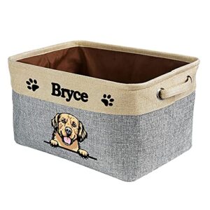 malihong personalized foldable storage basket with cute dog golden retriever collapsible sturdy fabric pet toys storage bin cube with handles for organizing shelf home closet, grey and white