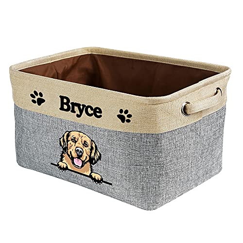 MALIHONG Personalized Foldable Storage Basket with Cute Dog Golden Retriever Collapsible Sturdy Fabric Pet Toys Storage Bin Cube with Handles for Organizing Shelf Home Closet, Grey and White