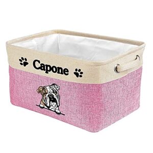 MALIHONG Personalized Foldable Storage Basket with Lovely Dog English Bulldog Collapsible Sturdy Fabric Pet Toys Storage Bin Cube with Handles for Organizing Shelf Home Closet, Pink and White