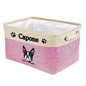 malihong personalized foldable storage basket with cute dog boston terrier collapsible sturdy fabric pet toys storage bin cube with handles for organizing shelf home closet, pink and white