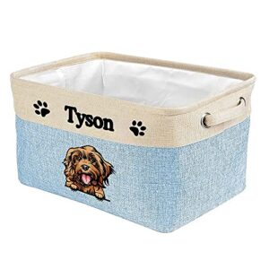 malihong personalized foldable storage basket with cute dog cockapoo collapsible sturdy fabric pet toys storage bin cube with handles for organizing shelf home closet, blue amd white