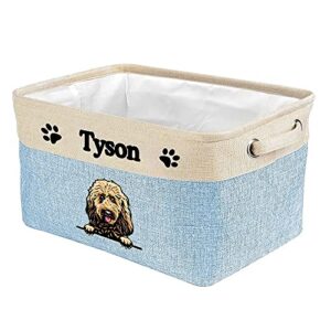 malihong personalized foldable storage basket with cute dog goldendoodle collapsible sturdy fabric pet toys storage bin cube with handles for organizing shelf home closet, blue amd white