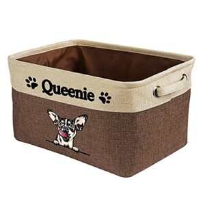 malihong personalized foldable storage basket with cute dog chihuahua collapsible sturdy fabric pet toys storage bin cube with handles for organizing shelf home closet, brown and white