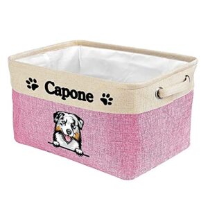 malihong personalized foldable storage basket with cute dog australian shepherd collapsible sturdy fabric pet toys storage bin cube with handles for organizing shelf home closet, pink and white