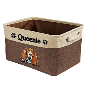 malihong personalized foldable storage basket with cute dog basset hound collapsible sturdy fabric pet toys storage bin cube with handles for organizing shelf home closet, brown and white