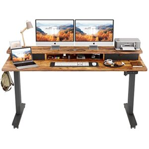 fezibo height adjustable electric standing desk with double drawer, 60 x 24 inch stand up table with storage shelf, sit stand desk with splice board, black frame/rustic brown top