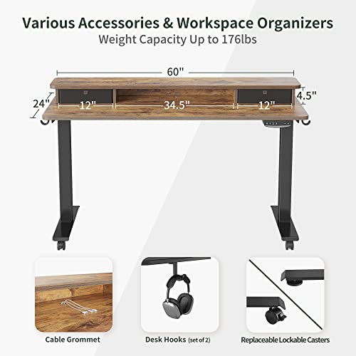 FEZIBO Height Adjustable Electric Standing Desk with Double Drawer, 60 x 24 Inch Stand Up Table with Storage Shelf, Sit Stand Desk with Splice Board, Black Frame/Rustic Brown Top