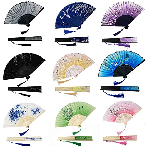 9 Pieces Floral Folding Silk Hand Fan Bamboo Handheld Chinese Style Fabric Folding Fan with Tassel for Wedding Dancing Party Church