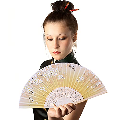 9 Pieces Floral Folding Silk Hand Fan Bamboo Handheld Chinese Style Fabric Folding Fan with Tassel for Wedding Dancing Party Church