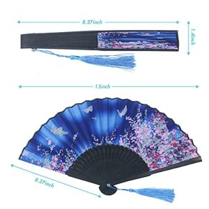 9 Pieces Floral Folding Silk Hand Fan Bamboo Handheld Chinese Style Fabric Folding Fan with Tassel for Wedding Dancing Party Church