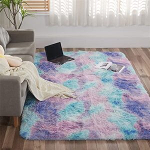 shaggy area rugs, kids rugs for bedroom girls, soft fluffy colorful rainbow kids rugs for girls bedroom tie dye area rug purple rugs for kids bedroom non slip rectangle shag fuzzy carpet