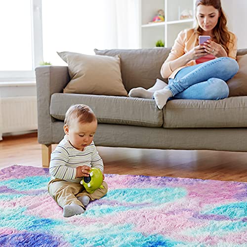 Shaggy Area Rugs, Kids Rugs for Bedroom Girls, Soft Fluffy Colorful Rainbow Kids Rugs for Girls Bedroom Tie Dye Area Rug Purple Rugs for Kids Bedroom Non Slip Rectangle Shag Fuzzy Carpet