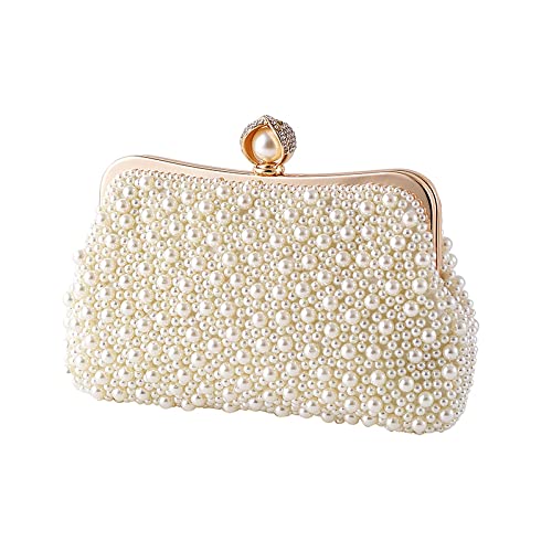 ASPHODELCHIC Women Pearl Evening Bag Bride Beaded Clutch Purse Cream White for Wedding Party (Ivory white) Small