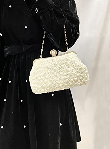 ASPHODELCHIC Women Pearl Evening Bag Bride Beaded Clutch Purse Cream White for Wedding Party (Ivory white) Small