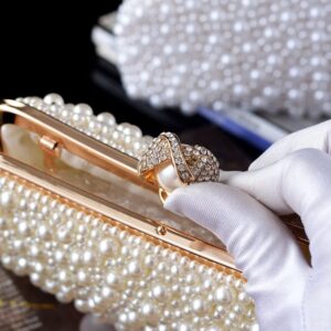 ASPHODELCHIC Women Pearl Evening Bag Bride Beaded Clutch Purse Cream White for Wedding Party (Ivory white) Small