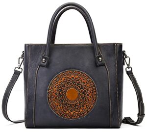 genuine leather handbag for women,retro embossing mandala design purse organizer vintage handmade crossbody (3299 grey)