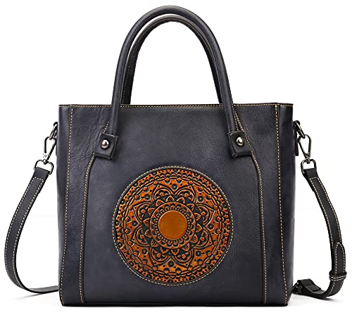 Genuine Leather Handbag for Women,Retro Embossing Mandala Design Purse Organizer Vintage Handmade Crossbody (3299 Grey)