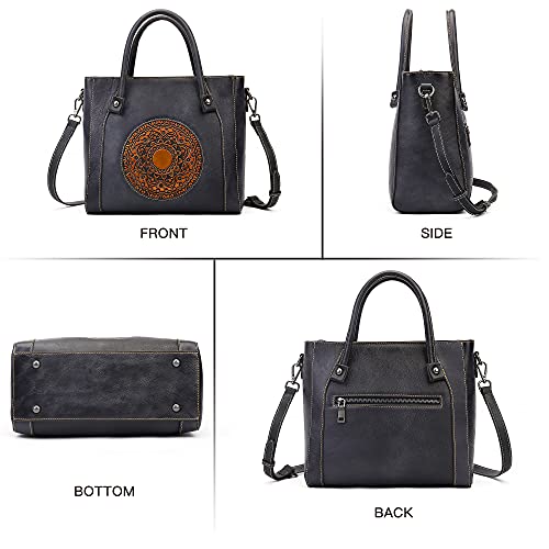 Genuine Leather Handbag for Women,Retro Embossing Mandala Design Purse Organizer Vintage Handmade Crossbody (3299 Grey)