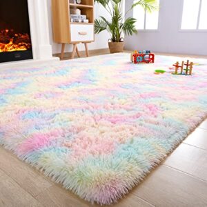 noahas fluffy rainbow rug for girls bedroom, 4 x 6 feet pink rugs for bedroom girls,kids room rug,fuzzy rainbow carpet bedroom rug,playroom shag rug,nursery rugs for baby,room decor for teen girls