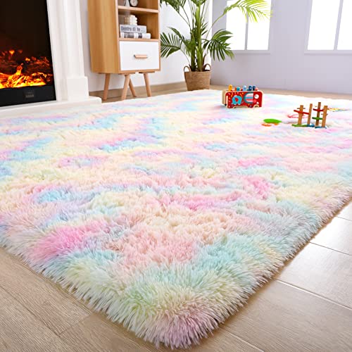 Noahas Fluffy Rainbow Rug for Girls Bedroom, 4 x 6 Feet Pink Rugs for Bedroom Girls,Kids Room Rug,Fuzzy Rainbow Carpet Bedroom Rug,Playroom Shag Rug,Nursery Rugs for Baby,Room Decor for Teen Girls