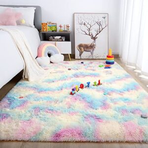 Noahas Fluffy Rainbow Rug for Girls Bedroom, 4 x 6 Feet Pink Rugs for Bedroom Girls,Kids Room Rug,Fuzzy Rainbow Carpet Bedroom Rug,Playroom Shag Rug,Nursery Rugs for Baby,Room Decor for Teen Girls