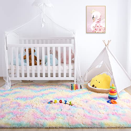 Noahas Fluffy Rainbow Rug for Girls Bedroom, 4 x 6 Feet Pink Rugs for Bedroom Girls,Kids Room Rug,Fuzzy Rainbow Carpet Bedroom Rug,Playroom Shag Rug,Nursery Rugs for Baby,Room Decor for Teen Girls