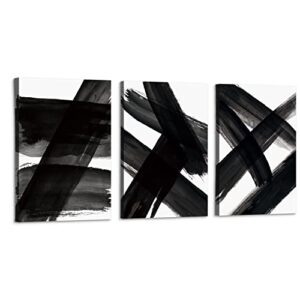 artbyhannah black and white abstract canvas wall art with strokes abstract shapes illustrations modern art prints for living room bedroom decoration – 3 panels 16×24 inch