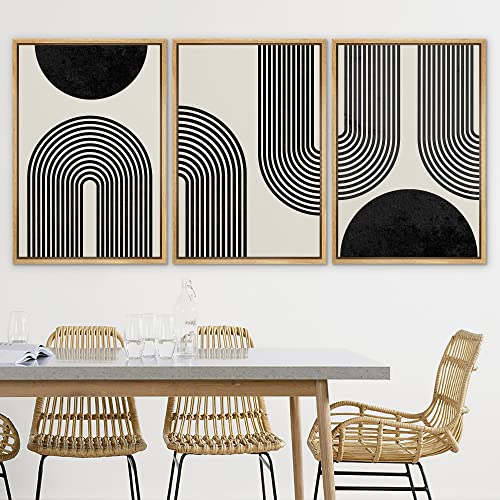 SIGNLEADER Framed Canvas Print Wall Art Spiral Parabolas & Solid Semi Circle Geometric Shapes Drawings Modern Art Contemporary Edgy Black and White for Living Room, Bedroom, Office - 16"x24"x3 Natural