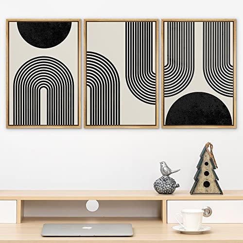 SIGNLEADER Framed Canvas Print Wall Art Spiral Parabolas & Solid Semi Circle Geometric Shapes Drawings Modern Art Contemporary Edgy Black and White for Living Room, Bedroom, Office - 16"x24"x3 Natural