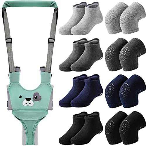 Panitay Handheld Baby Walking Harness Adjustable Toddler Walking Assistant Baby Walker Assistant Belt with 4 Pairs Baby Knee Pads for Crawling 4 Pairs Non Slip Toddler Socks Grips, 7-24 Months Old