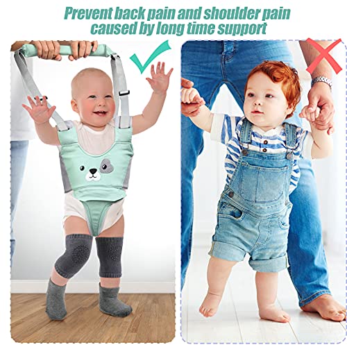 Panitay Handheld Baby Walking Harness Adjustable Toddler Walking Assistant Baby Walker Assistant Belt with 4 Pairs Baby Knee Pads for Crawling 4 Pairs Non Slip Toddler Socks Grips, 7-24 Months Old