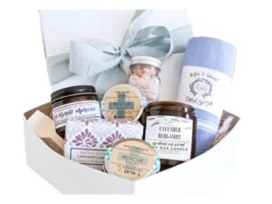happy birthday relaxation spa gift box – womens gift baskets for birthday – 8 piece set of lavender scents, candles, bath salts, sugar scrub, spa towel and more