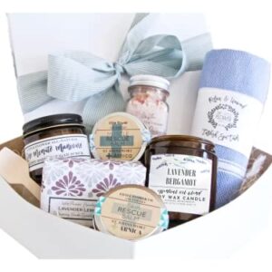 Happy Birthday Relaxation Spa Gift Box - Womens Gift Baskets for Birthday - 8 Piece Set of Lavender Scents, Candles, Bath Salts, Sugar Scrub, Spa towel and more