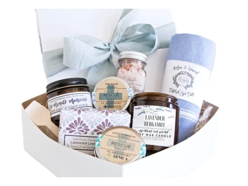 Happy Birthday Relaxation Spa Gift Box - Womens Gift Baskets for Birthday - 8 Piece Set of Lavender Scents, Candles, Bath Salts, Sugar Scrub, Spa towel and more